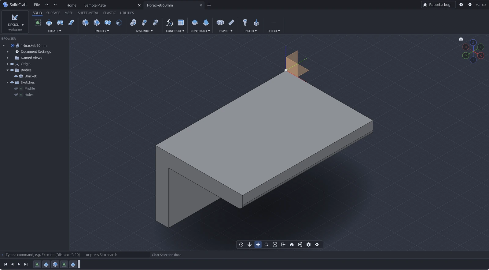SolidCraft web UI showing the official parametric bracket example