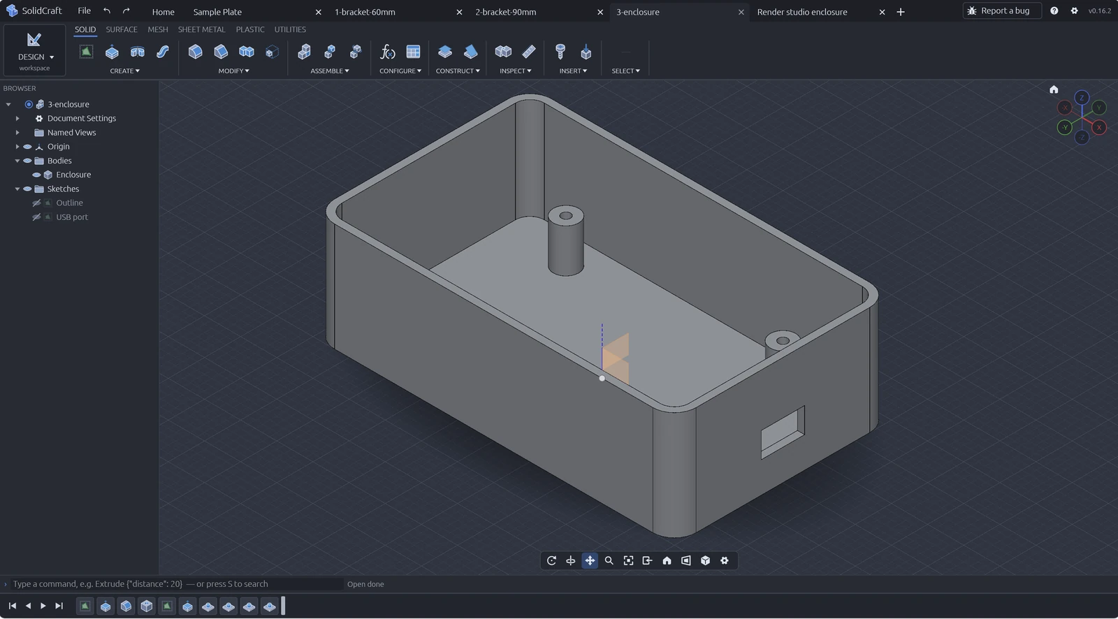 Enclosure example modelled in SolidCraft, suitable for 3D printing