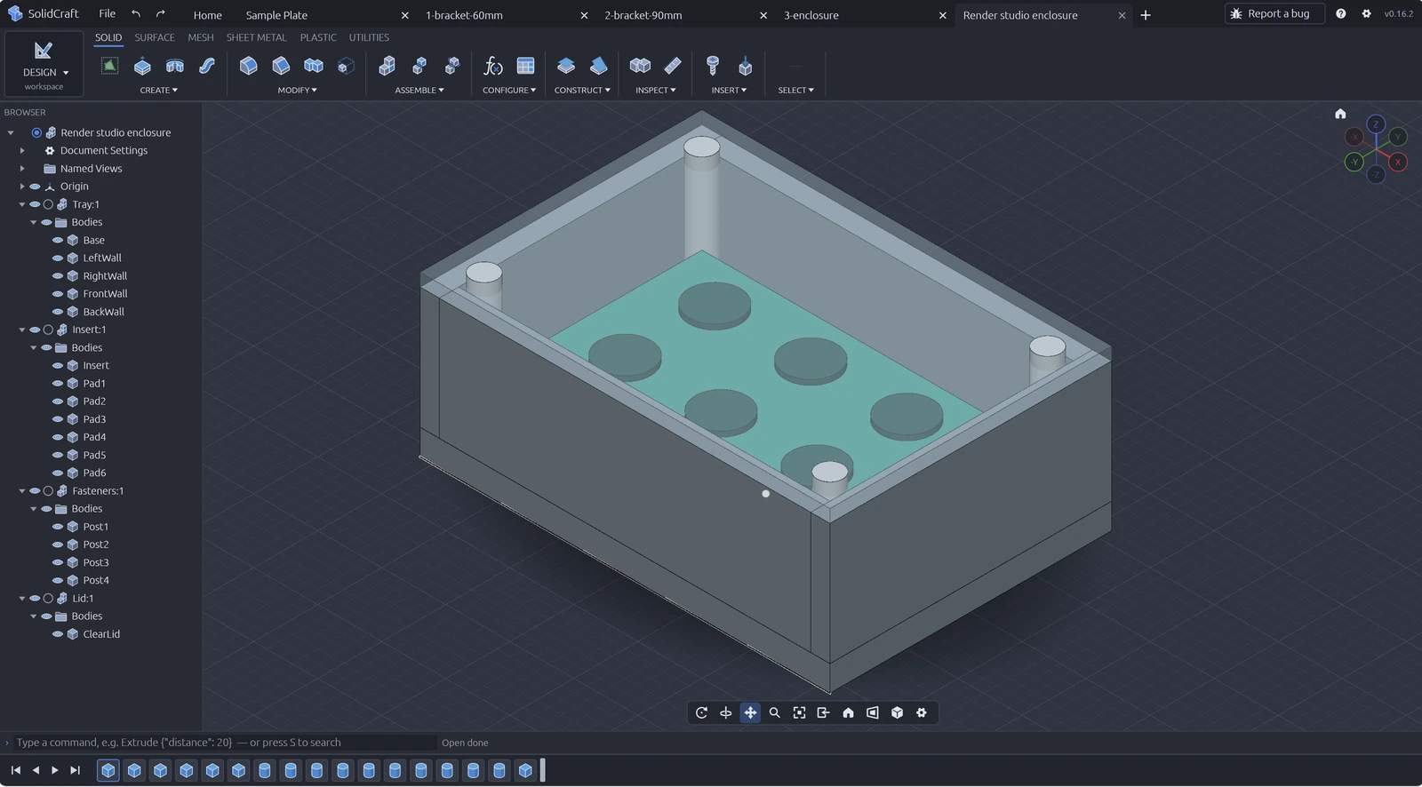 Web app di SolidCraft: assieme render-studio con Tray, Insert, Fasteners e Lid