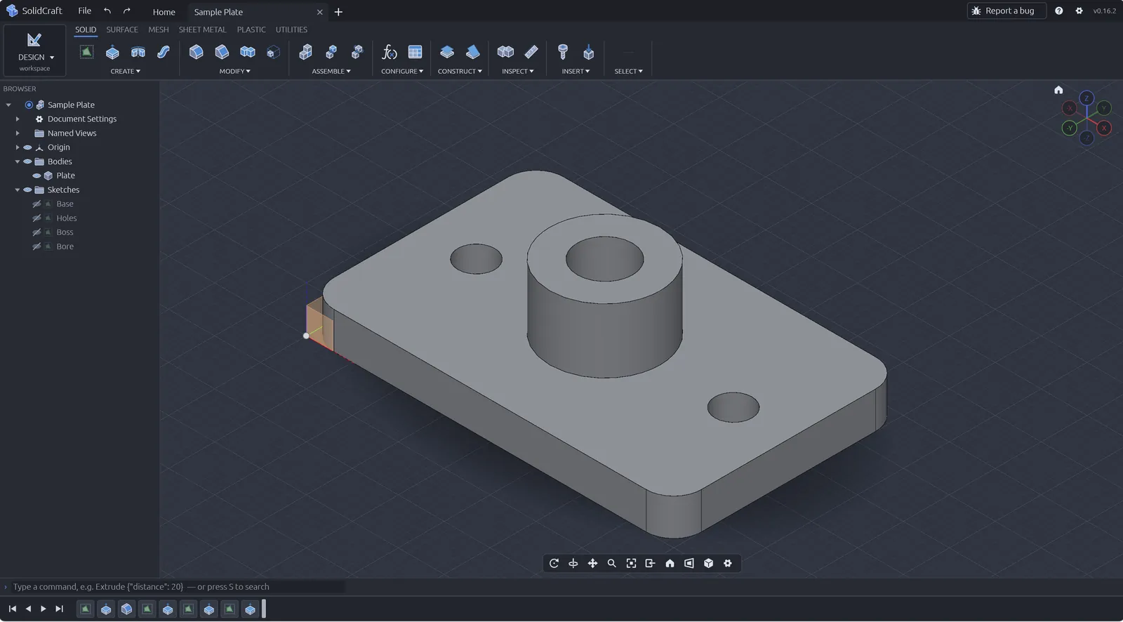 SolidCraft web app showing the official Sample Plate with feature timeline visible