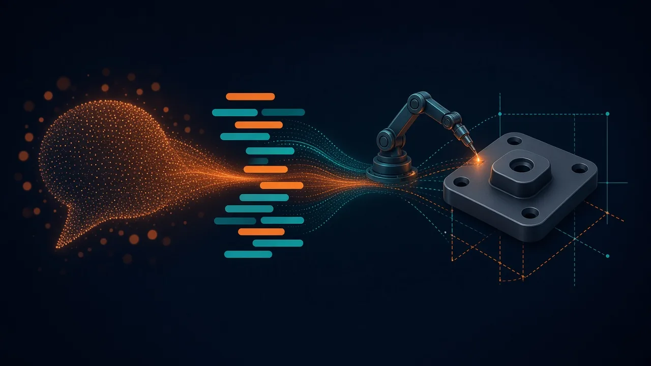 Abstract illustration of a speech bubble, code bars and a small robot arm converging on a mounting plate with four holes