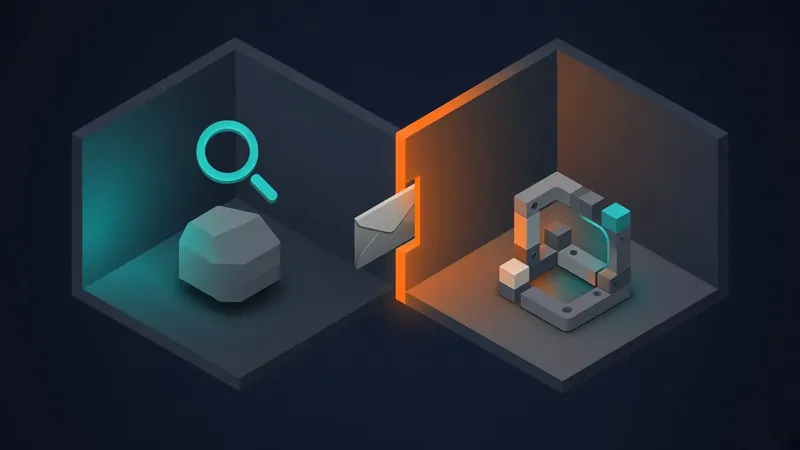 Isometric illustration of two rooms separated by a glowing wall, with an envelope passing through a slot from an inspected block to a newly built part