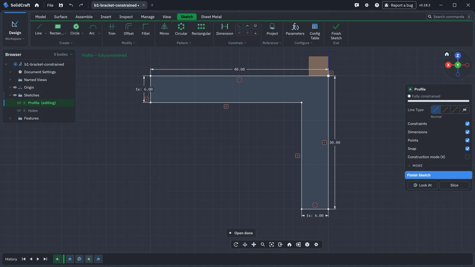 SolidCraft 0.18.2 sketch mode showing a fully constrained L-shaped bracket profile with 40, 30 and 6 mm dimensions and the history timeline at the bottom