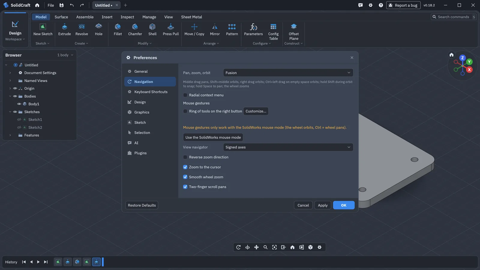 SolidCraft 0.18.2 Preferences, Navigation page with the Pan, zoom, orbit preset set to Fusion and the View navigator option