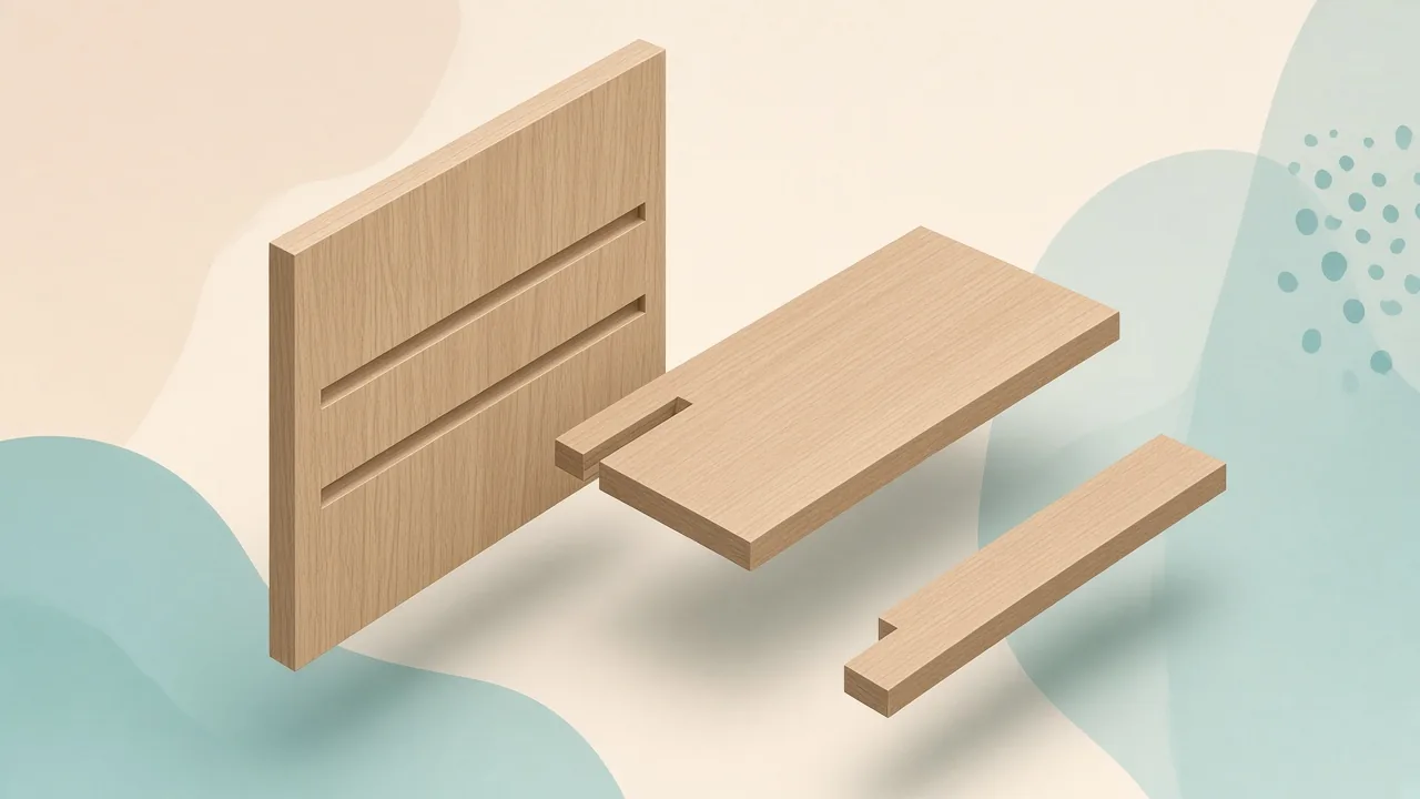 Abstract illustration of three light oak cabinet boards with dados, a rabbet and a simple tenon floating apart