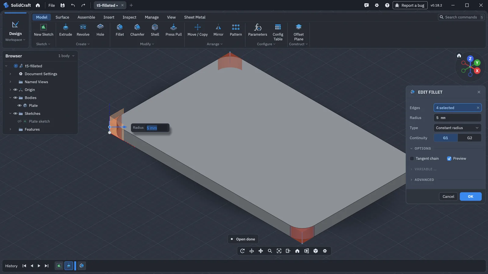 SolidCraft 0.18.2 Edit Fillet dialog rounding four vertical edges of a plate with a 5 mm radius, preview shown in orange