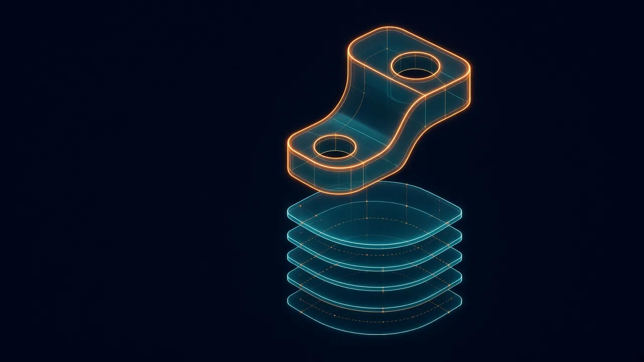 Abstract illustration of a glowing B-rep bracket floating above stacked translucent layers
