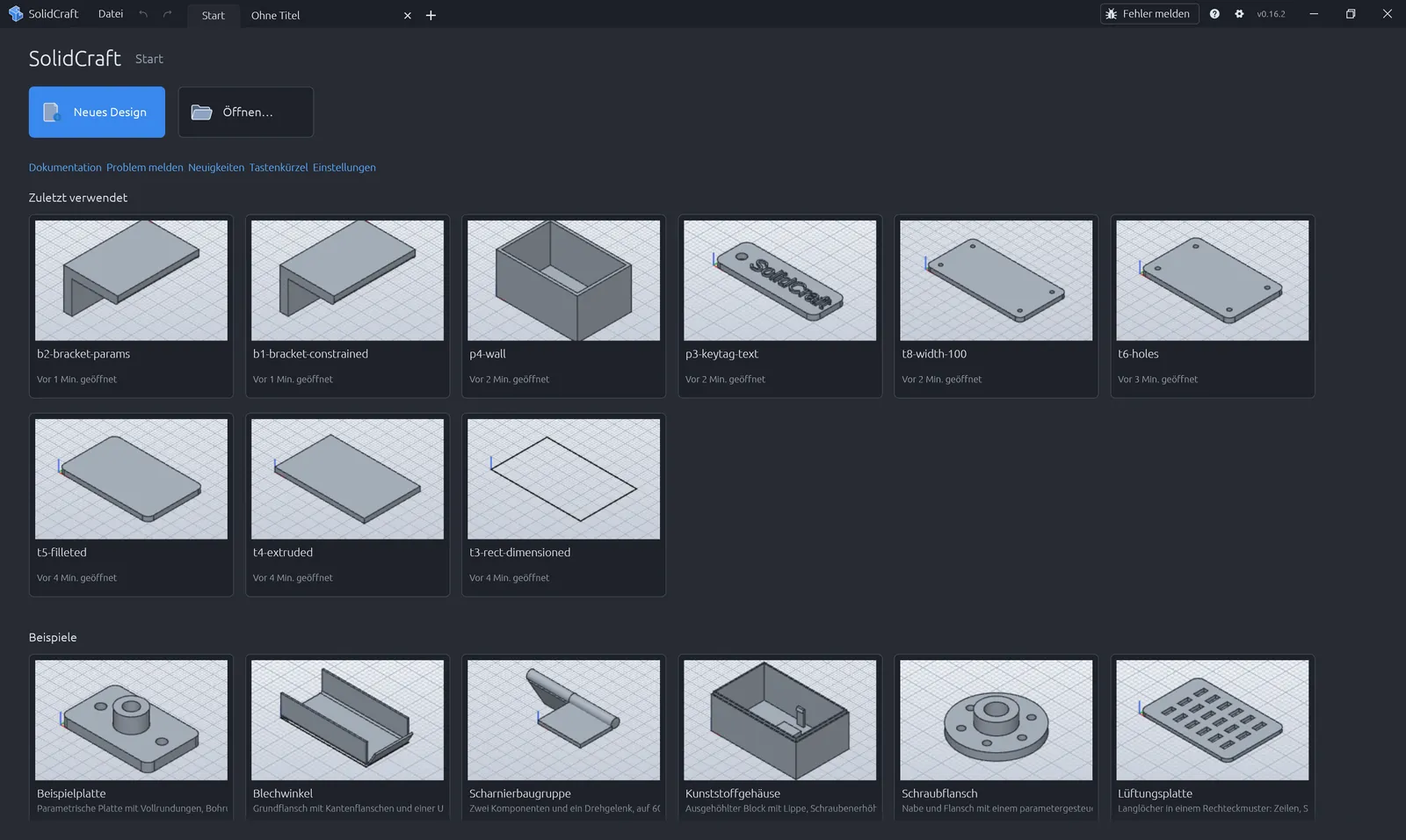 Startseite von SolidCraft mit den Schaltflächen „Neues Design“ und „Öffnen…“
