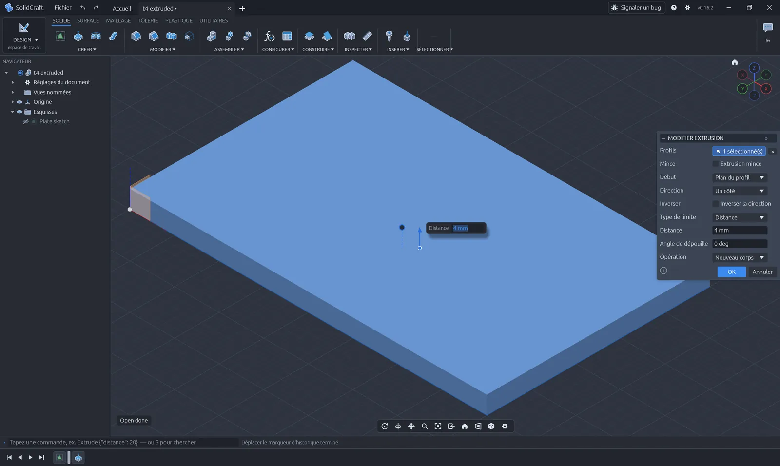 Boîte de dialogue « Modifier extrusion » de SolidCraft, rectangle extrudé de 4 mm