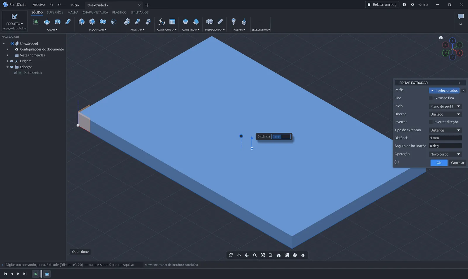 Diálogo “Editar Extrudar” do SolidCraft extrudando o retângulo em 4 mm