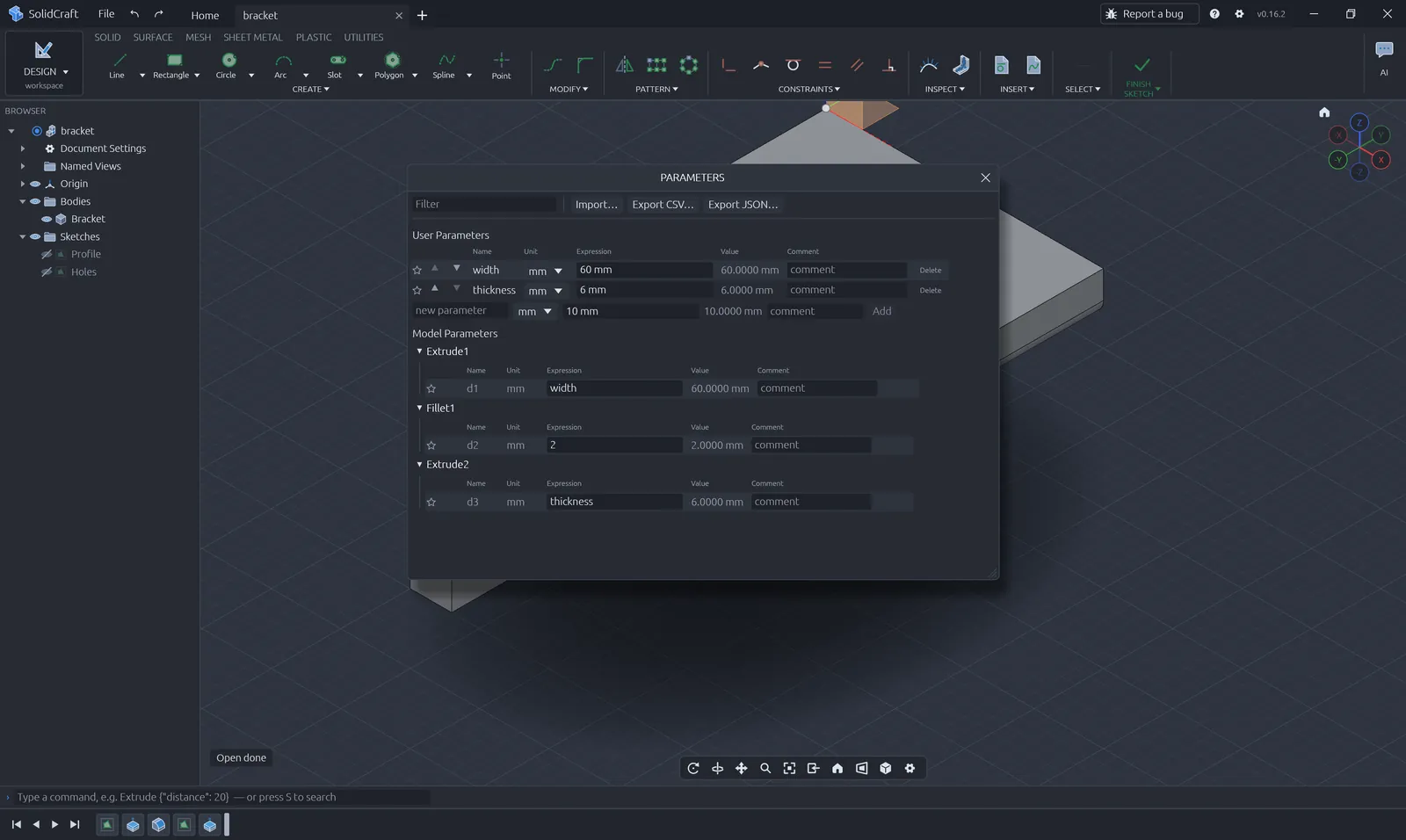 SolidCraft Parameters window listing width and thickness