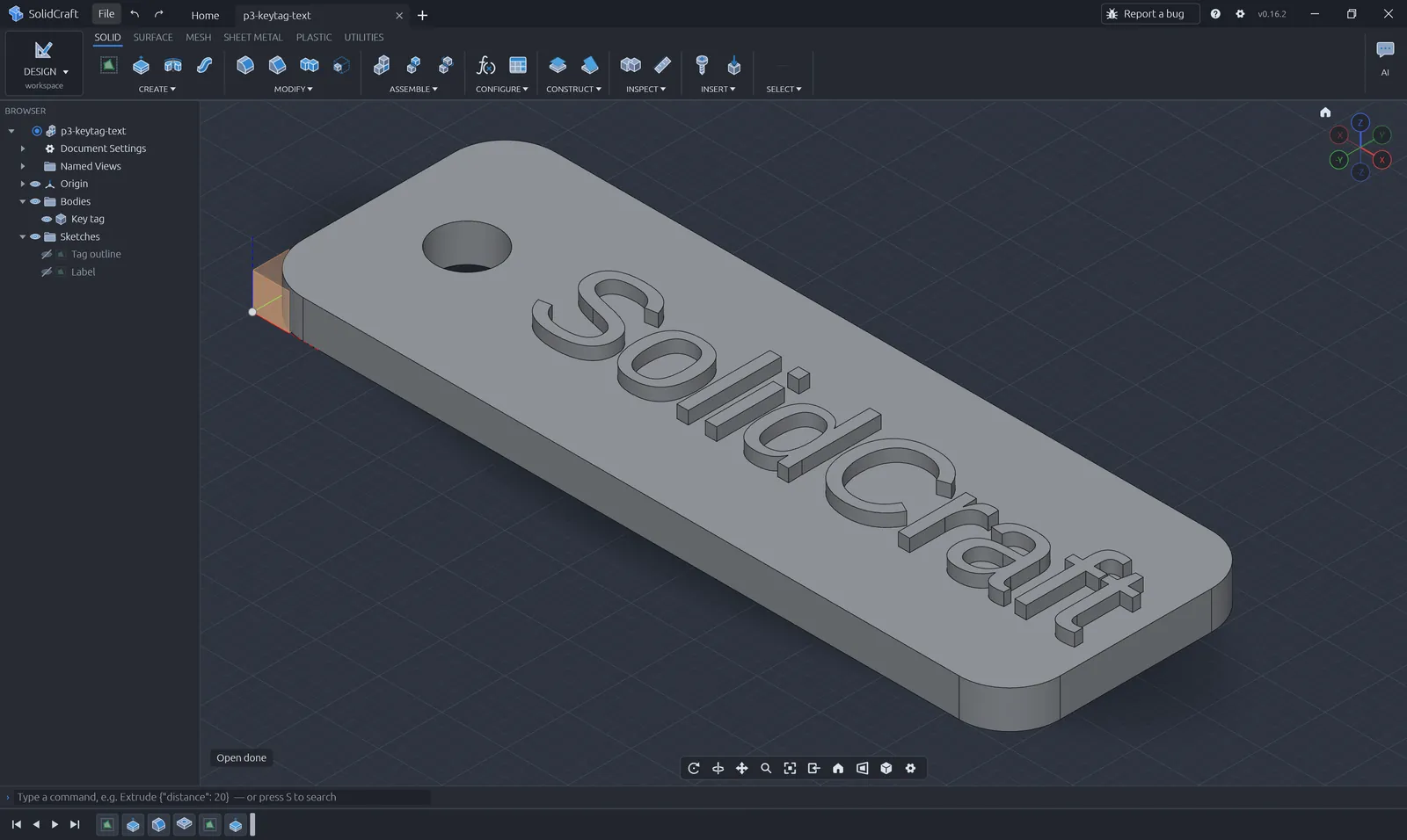 3D-printable key tag with raised SolidCraft lettering