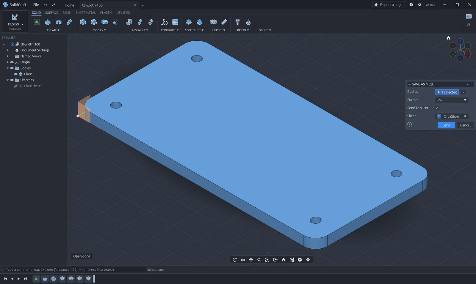 Save As Mesh with Send to slicer and the detected slicer selected