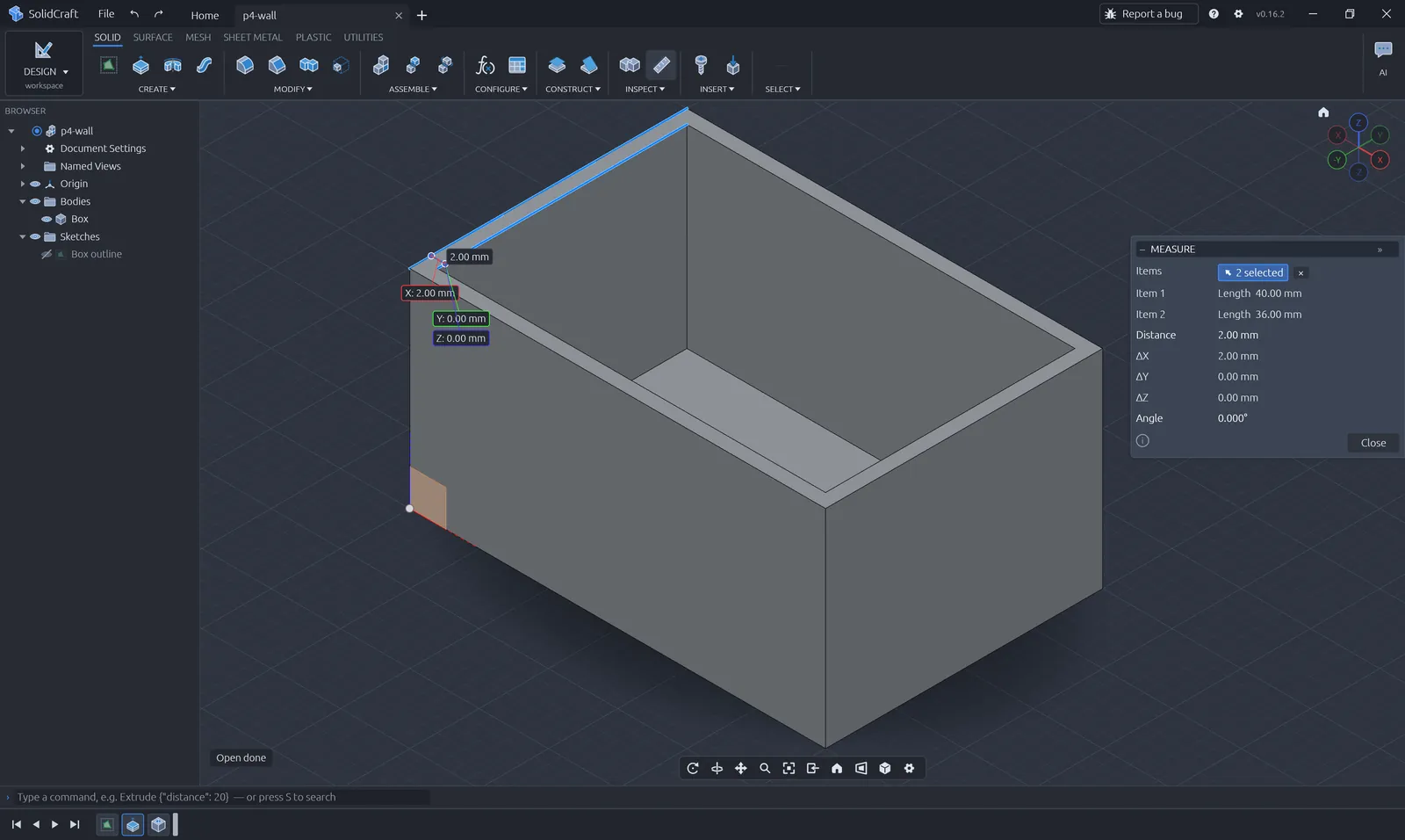 Measuring a 2 mm wall on a shelled box before printing