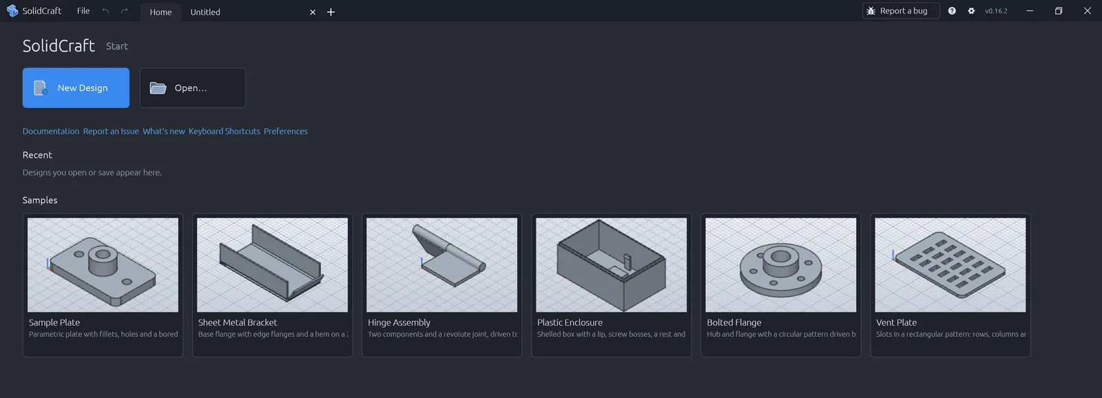 SolidCraft start page with New Design and Open buttons