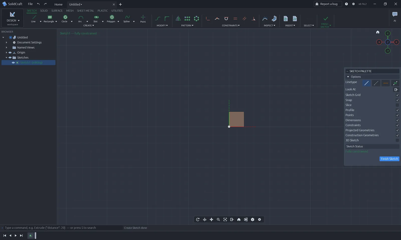 Empty sketch on the XY plane in SolidCraft with the sketch palette open