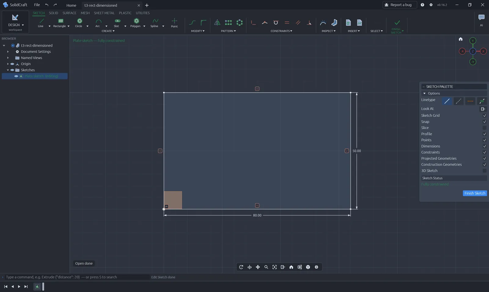 Fully constrained 80 by 50 mm rectangle with two dimensions in a SolidCraft sketch