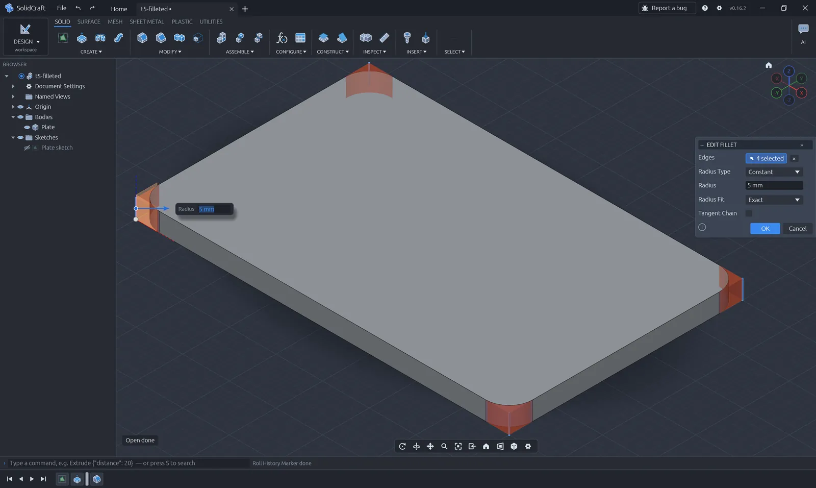 Fillet dialog rounding the four plate corners with a 5 mm radius