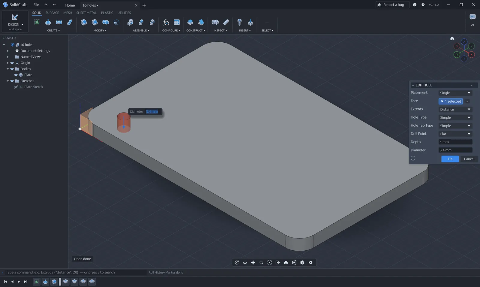 Hole dialog with a 3.4 mm diameter hole through the 4 mm plate